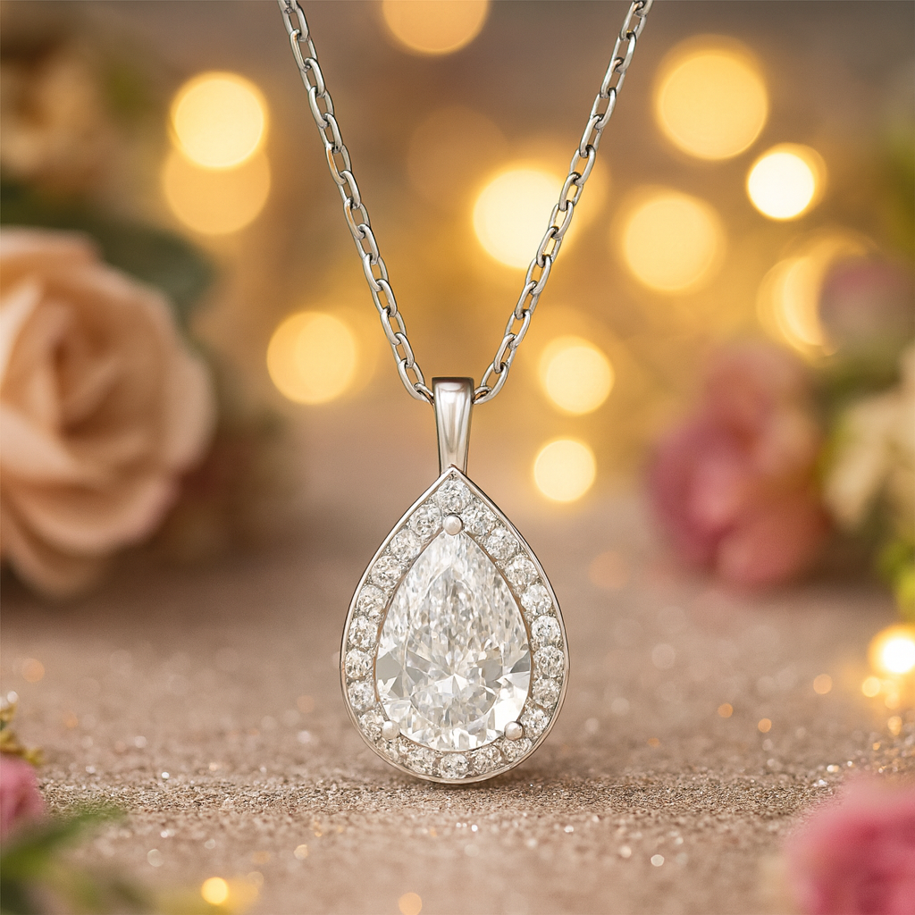 925 Silver Teardrop Pendant Necklace for Women – Elegant Halo CZ Crystal Design