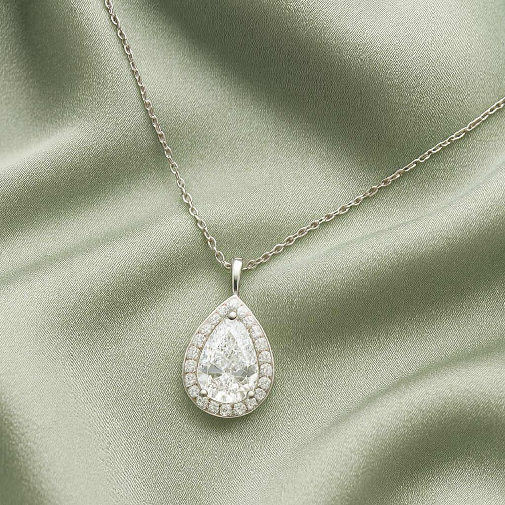 925 Silver Teardrop Pendant Necklace for Women – Elegant Halo CZ Crystal Design