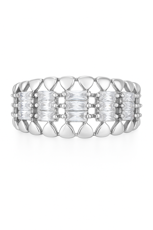 Luxury Silver Plated Statement Ring for Women – Elegant Baguette Zircon Wide Band Finger Ring