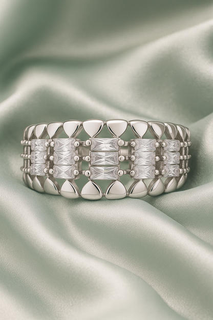 Luxury Silver Plated Statement Ring for Women – Elegant Baguette Zircon Wide Band Finger Ring