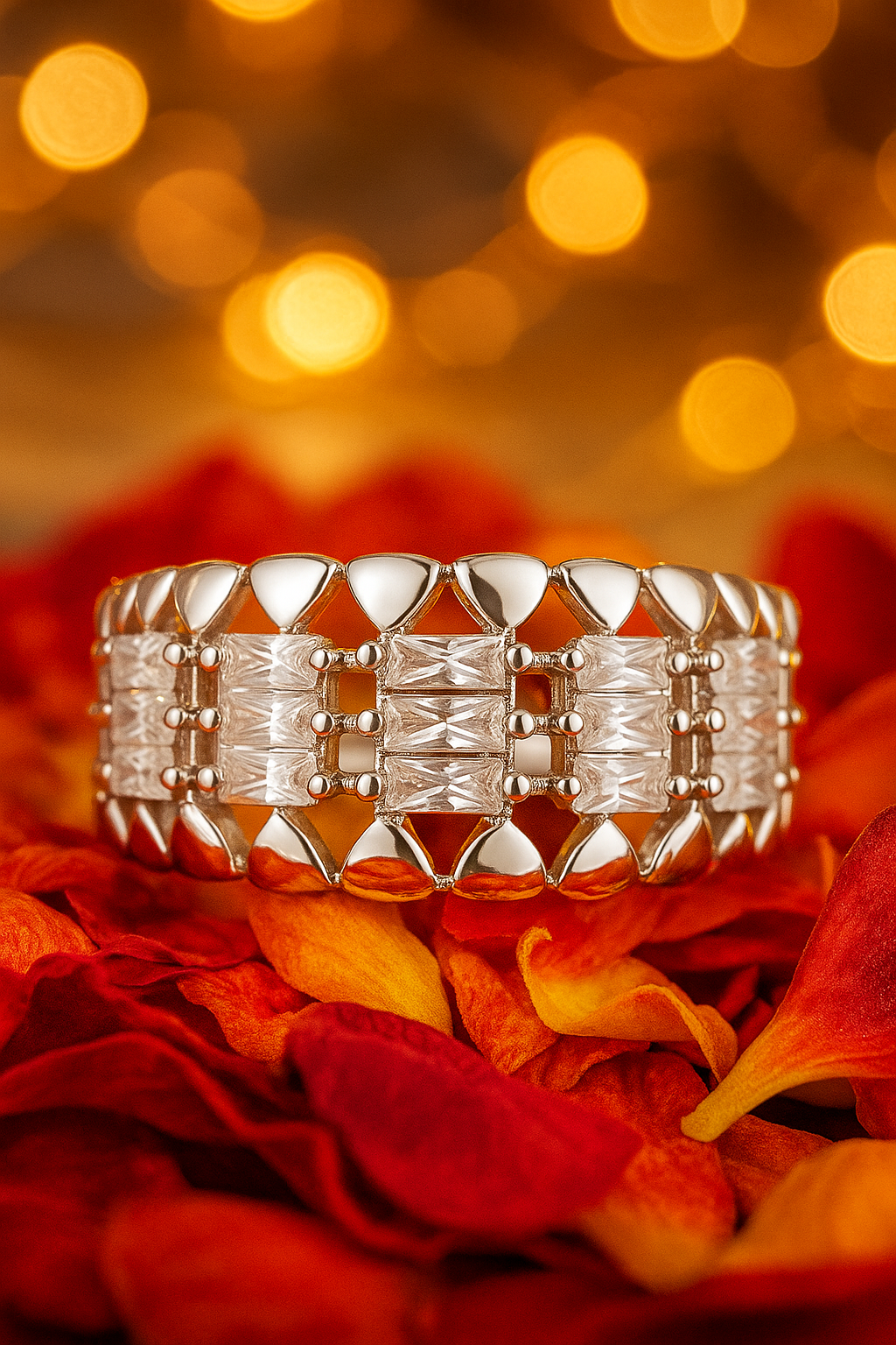 Luxury Silver Plated Statement Ring for Women – Elegant Baguette Zircon Wide Band Finger Ring