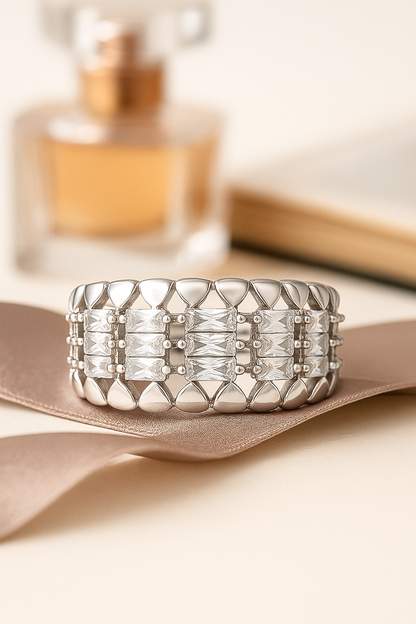 Luxury Silver Plated Statement Ring for Women – Elegant Baguette Zircon Wide Band Finger Ring