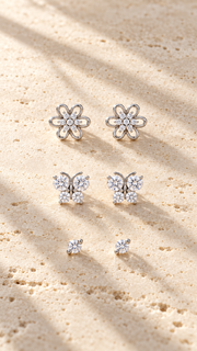 Flower, Butterfly & Solitaire Stud Earrings Set - Aaryahi Silver jewellery product photo