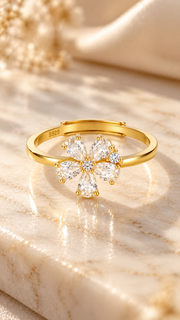 Gold 925 Sterling Silver Floral CZ Adjustable Ring |