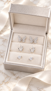 Butterfly, Double Butterfly Solitaire Earrings Set – 3 Pairs - Aaryahi Silver jewellery product photo