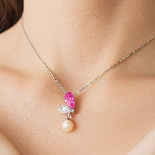 925 Silver Pink CZ & Pearl Drop Pendant Necklace for Women – Elegant Dual Stone Design
