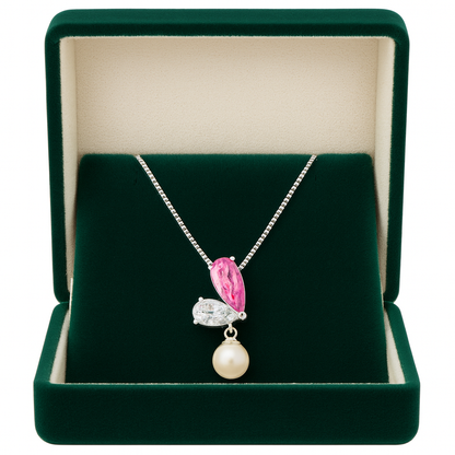 925 Silver Pink CZ & Pearl Drop Pendant Necklace for Women – Elegant Dual Stone Design