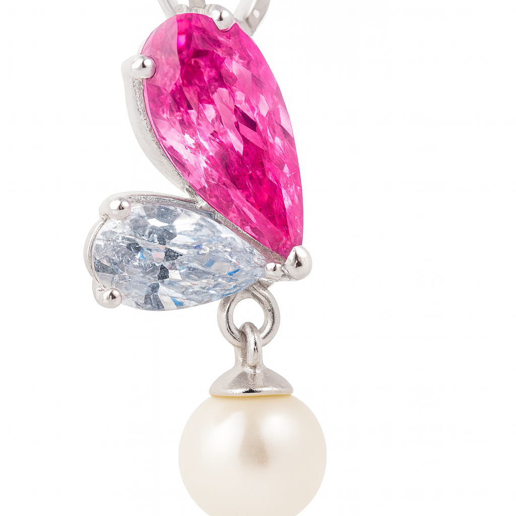 925 Silver Pink CZ & Pearl Drop Pendant Necklace for Women – Elegant Dual Stone Design