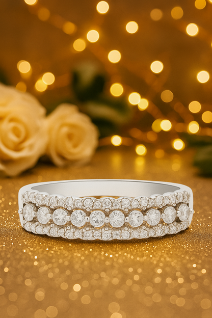 Classic 925 Silver Triple Row Zircon Band Ring for Women – Elegant Party & Daily Wear Finger Ring