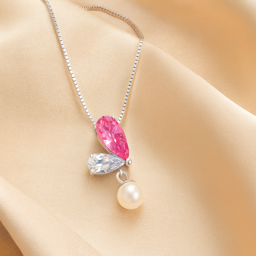 925 Silver Pink CZ & Pearl Drop Pendant Necklace for Women – Elegant Dual Stone Design