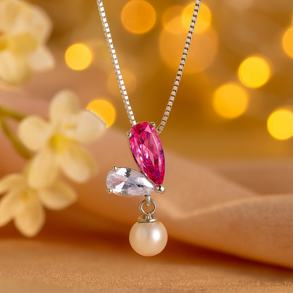 925 Silver Pink CZ & Pearl Drop Pendant Necklace for Women – Elegant Dual Stone Design