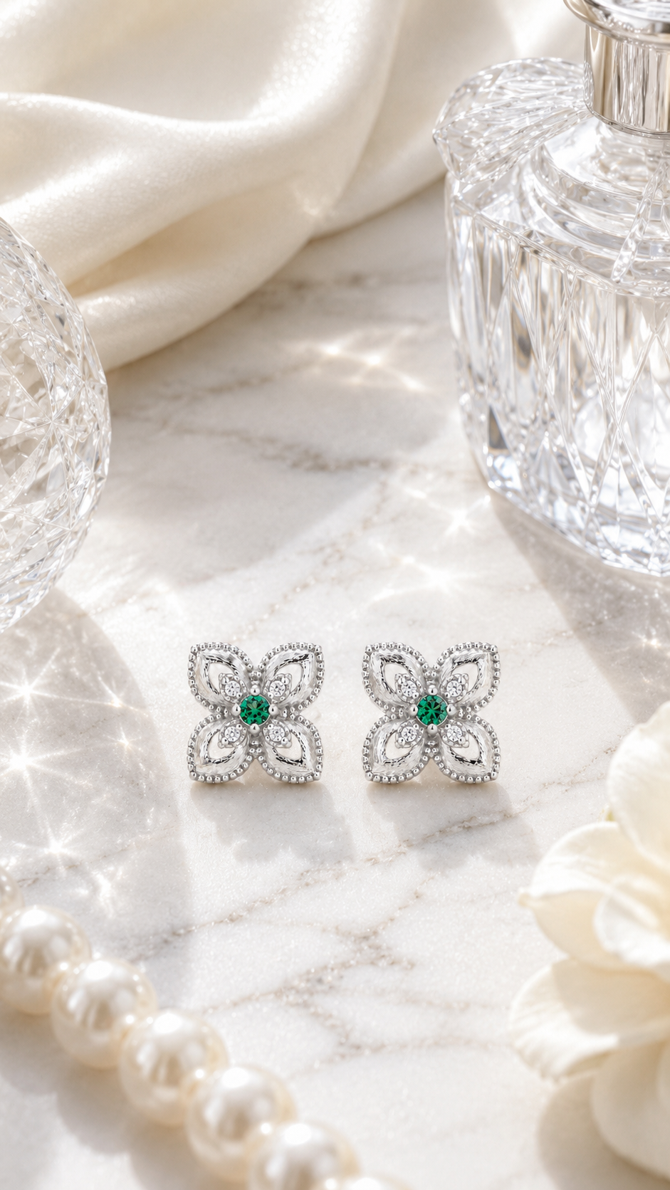 Floral Earrings with Green Stone