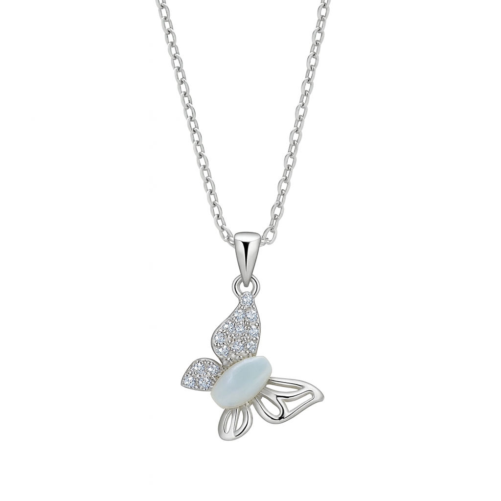 925 Silver Butterfly Pendant Necklace for Women – CZ Stone & Pearl Accent Design