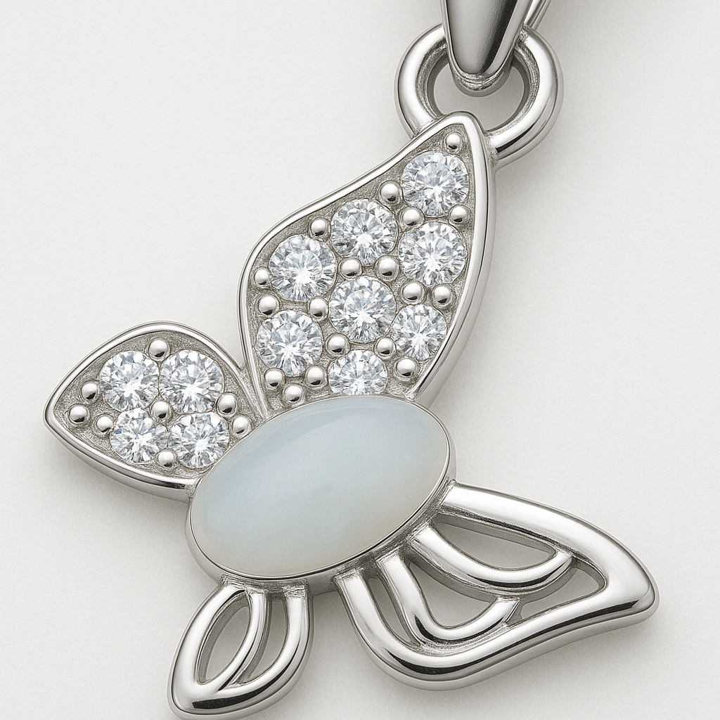 925 Silver Butterfly Pendant Necklace for Women – CZ Stone & Pearl Accent Design