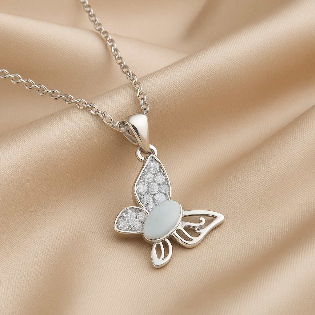 925 Silver Butterfly Pendant Necklace for Women – CZ Stone & Pearl Accent Design