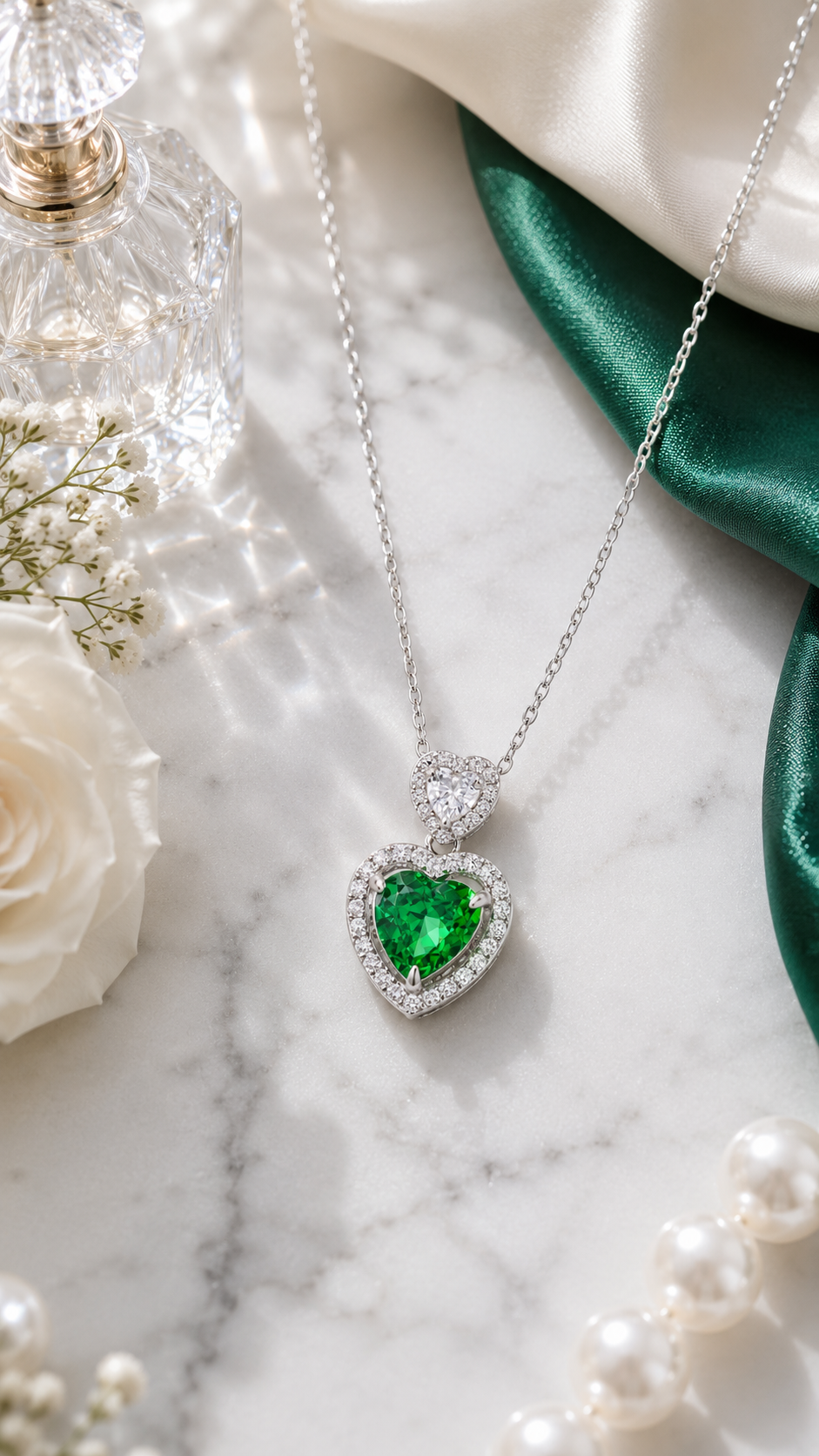 Elegant Silver Green Heart Halo Pendant Necklace