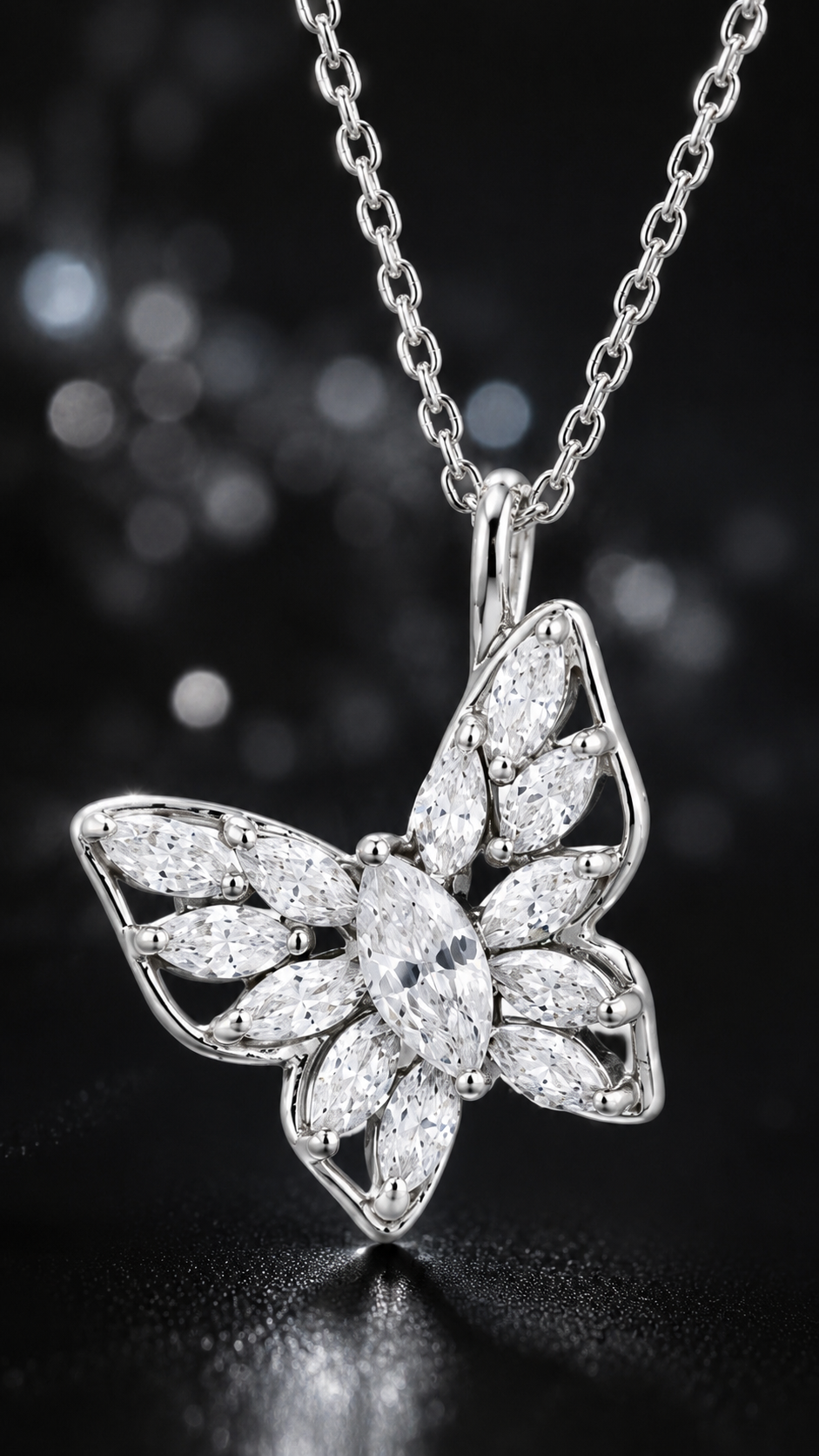 Elegant Silver Butterfly Marquise CZ Pendant Necklace