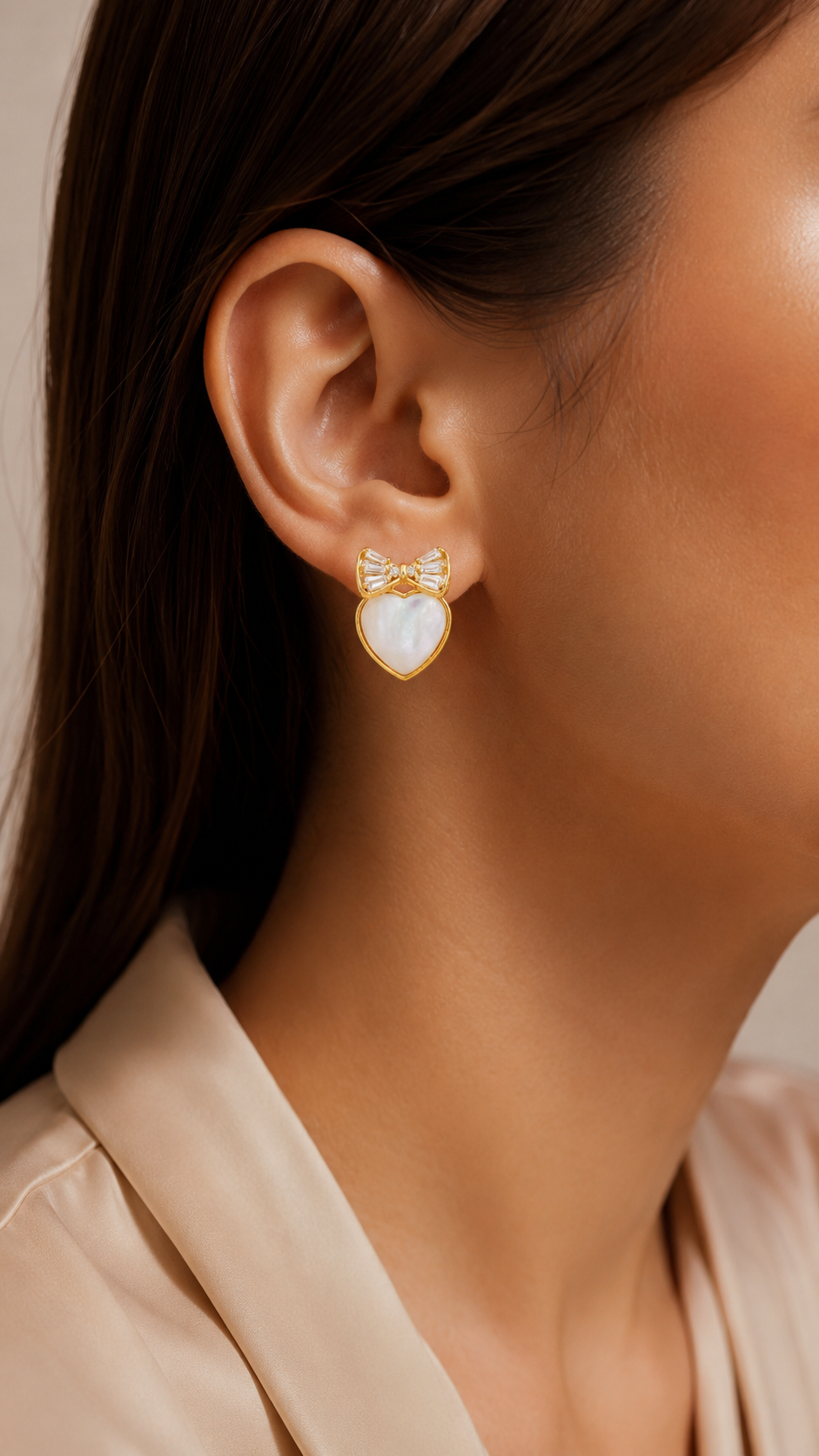 Elegant Gold Mother of Pearl Heart Bow Stud Earrings
