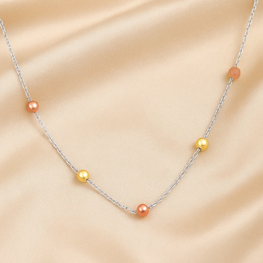 925 Silver Tricolor Beaded Chain Necklace for Women – Elegant Daily Wear Jewelry