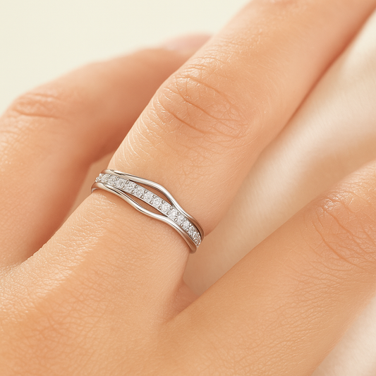 Adjustable Silver Wave Ring with Sparkling Accents