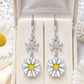 Elegant 925 Sterling Silver Daisy Flower CZ Drop Earrings with White Enamel Petals & Yellow Center for Women