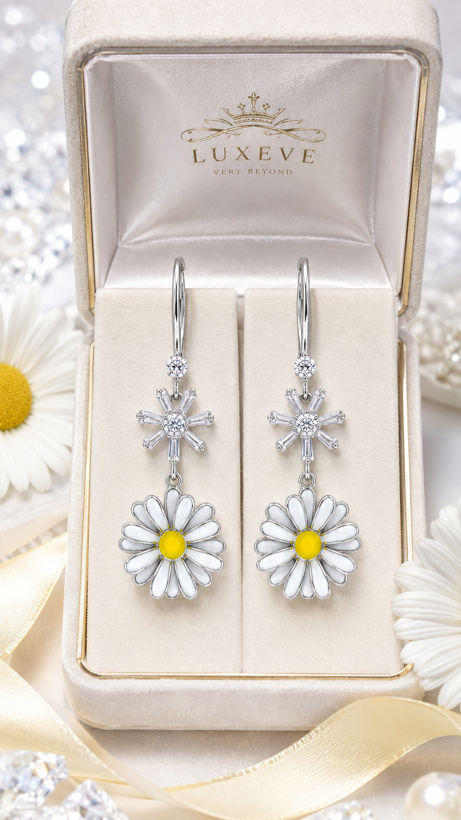 Elegant 925 Sterling Silver Daisy Flower CZ Drop Earrings with White Enamel Petals & Yellow Center for Women