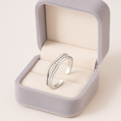 Adjustable Silver Wave Ring with Sparkling Accents