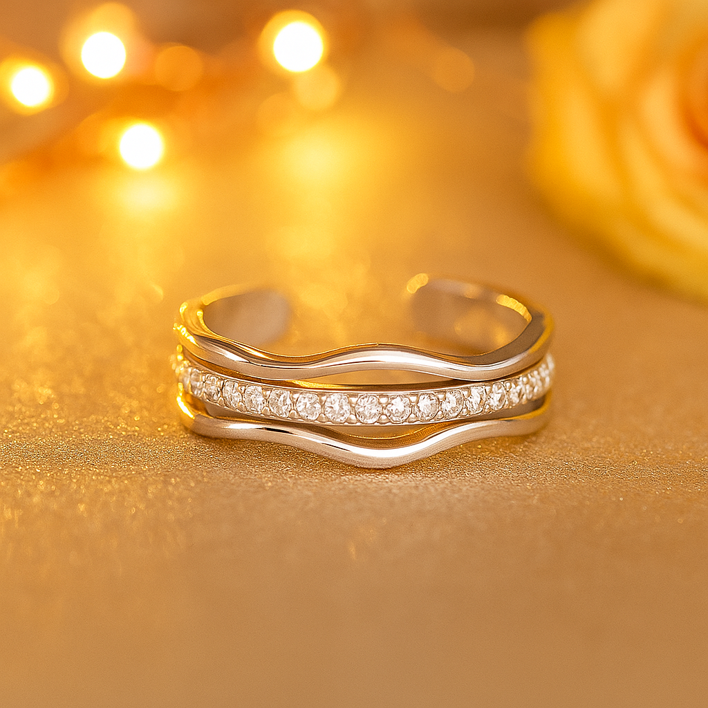 Adjustable Silver Wave Ring with Sparkling Accents
