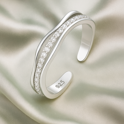 Adjustable Silver Wave Ring with Sparkling Accents