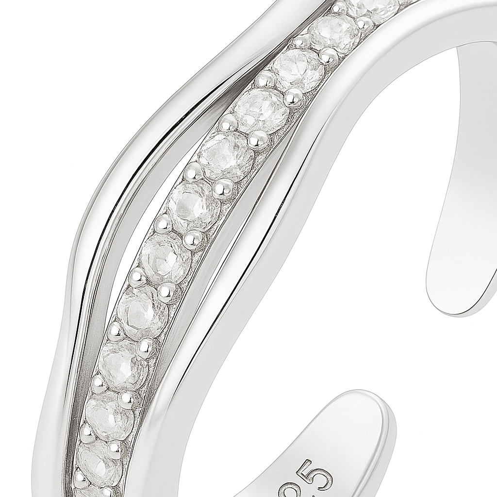 Adjustable Silver Wave Ring with Sparkling Accents