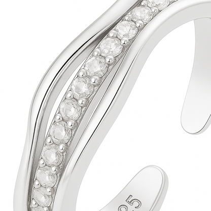 Adjustable Silver Wave Ring with Sparkling Accents