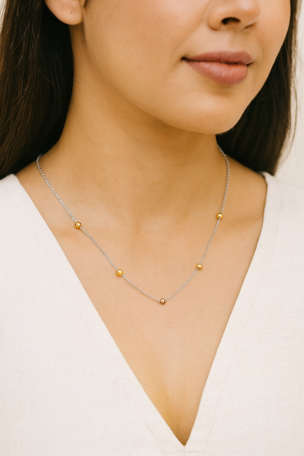 925 Silver Tricolor Beaded Chain Necklace for Women – Elegant Daily Wear Jewelry