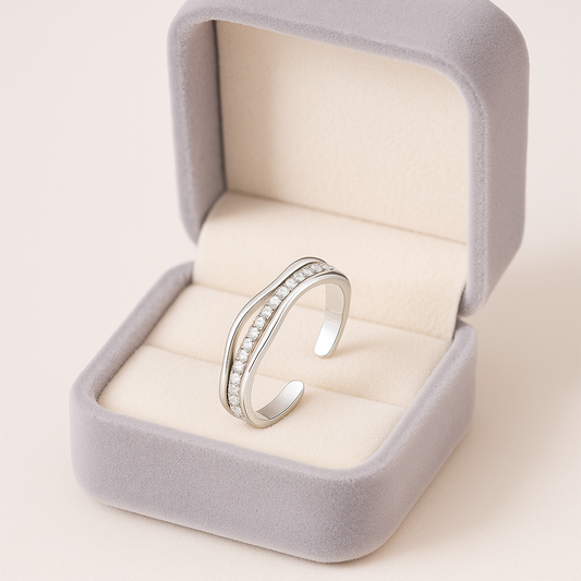 Adjustable Silver Wave Ring with Sparkling Accents