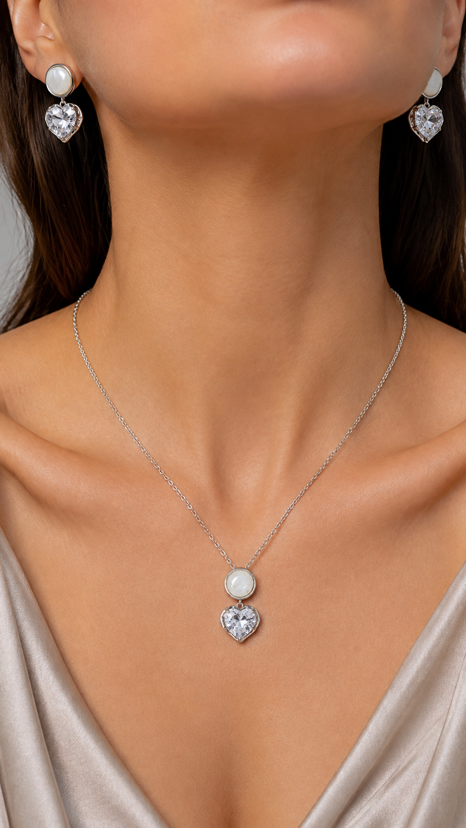 Elegant Silver Mother of Pearl Heart Crystal Pendant Necklace & Earrings Jewelry Set
