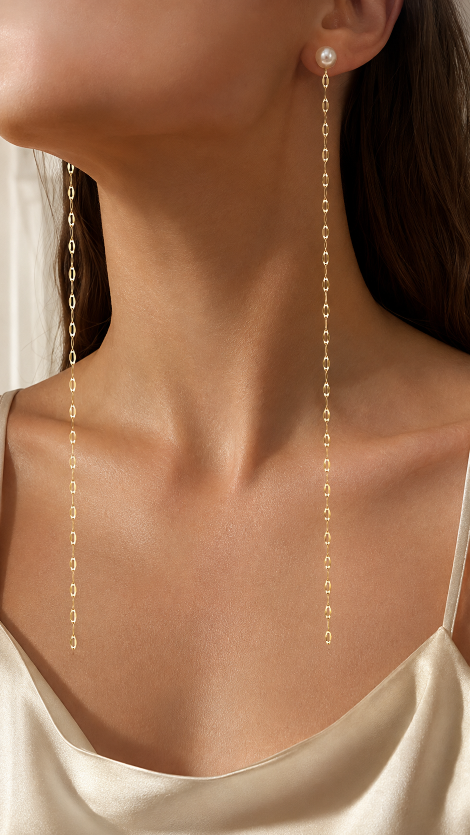 Gold Pearl Long Chain Drop Earrings for Women