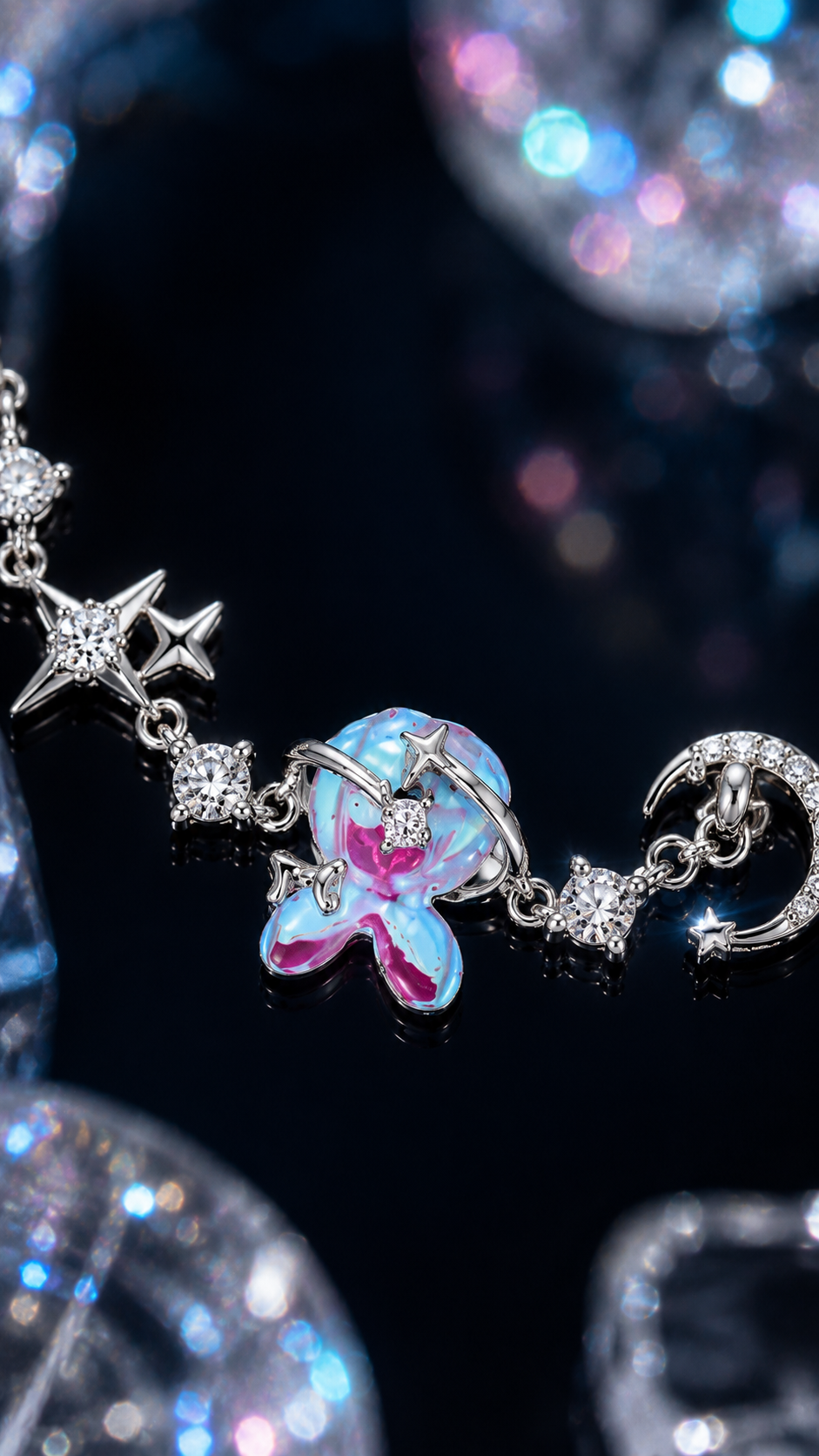 Silver Celestial Butterfly Moon & Star CZ Charm Bracelet