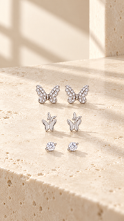 Butterfly, Double Butterfly Solitaire Earrings Set – 3 Pairs - Aaryahi Silver jewellery product photo