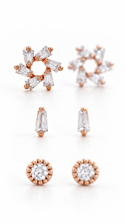 Floral Cluster, Baguette Round Solitaire Earrings Set - Aaryahi Silver jewellery product photo