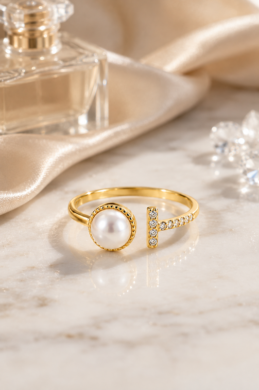 Pearl & Bar Open Adjustable Ring