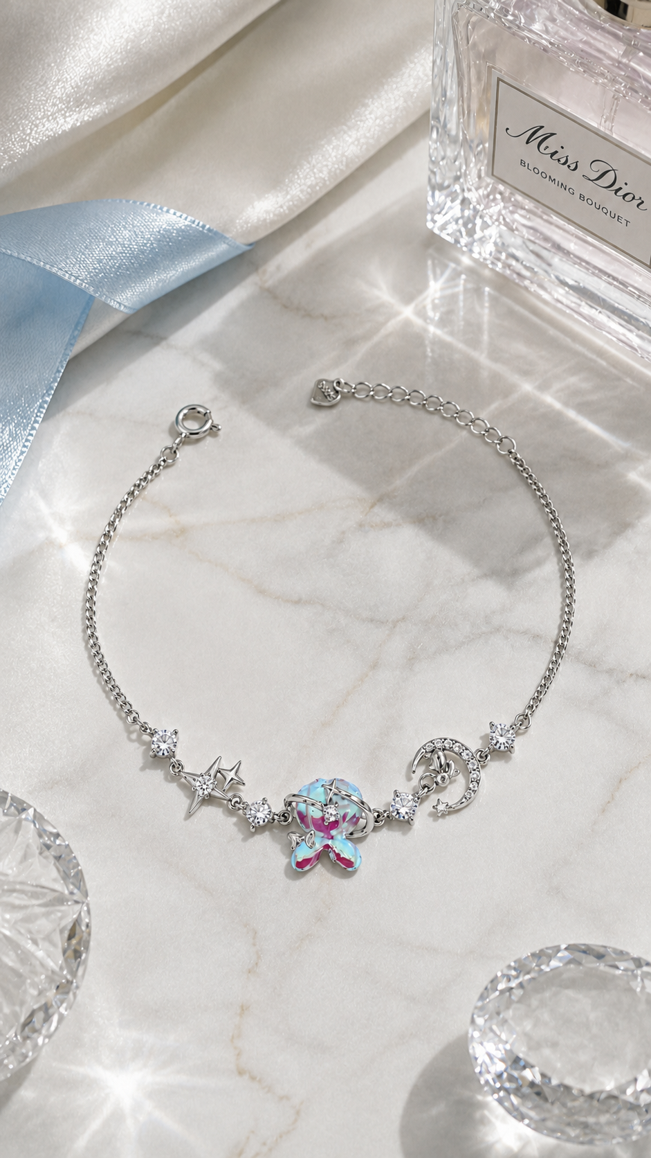 Silver Celestial Butterfly Moon & Star CZ Charm Bracelet