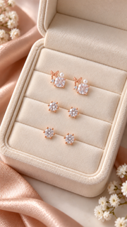 Butterfly Pearl, Square Round Solitaire Earrings Set - Aaryahi Silver jewellery product photo