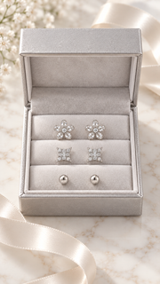 Five Petal Flower, Star Ball Stud Earrings Set – 3 Pairs - Aaryahi Silver jewellery product photo