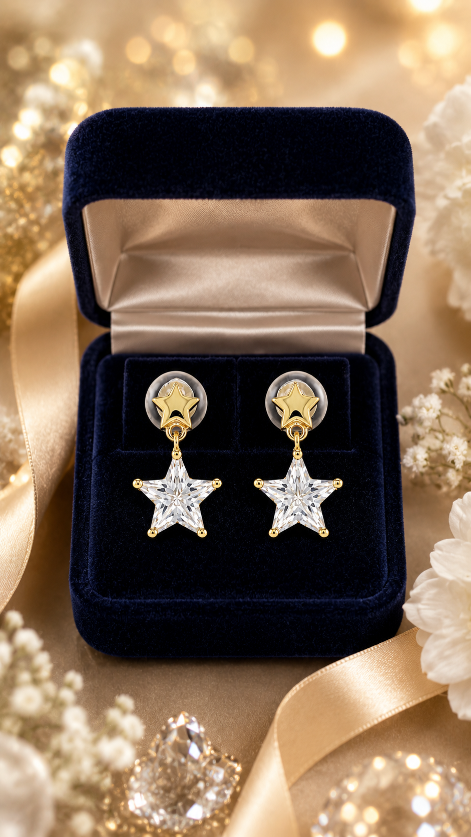 Gold Star CZ Drop Earrings