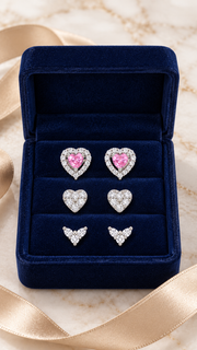 Pink Heart Halo, CZ Heart & Three Stone Stud Earrings Set - Aaryahi Silver jewellery product photo