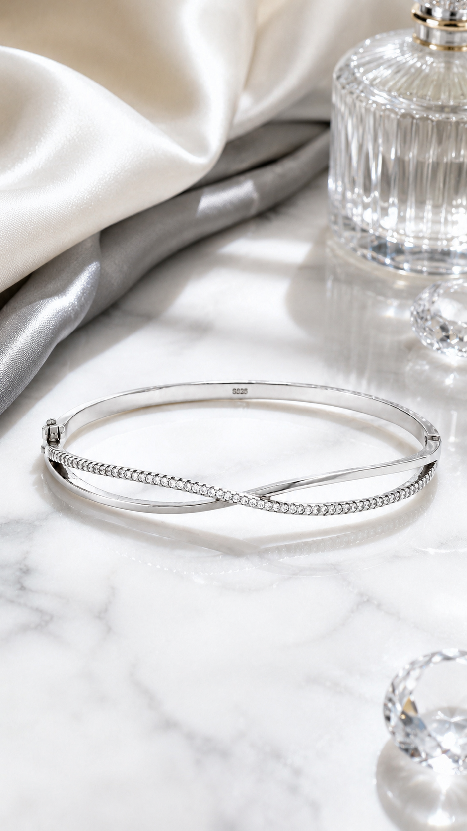 925 Sterling Silver CZ Infinity Crossover Bangle Bracelet for Women