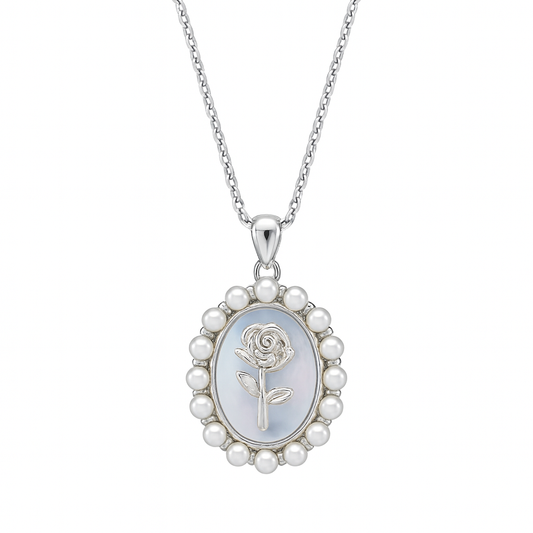 925 Silver Rose Pearl Pendant Necklace for Women – Elegant Vintage Charm Jewelry