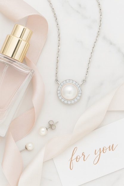 Round Pearl Zircon Pendant Necklace for Women 925 Silver Finish Elegant Daily and Party Wear Chain