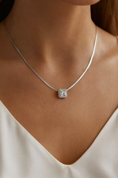 Square Solitaire Zircon Pendant Necklace for Women 925 Silver Finish Elegant Daily and Party Wear Chain