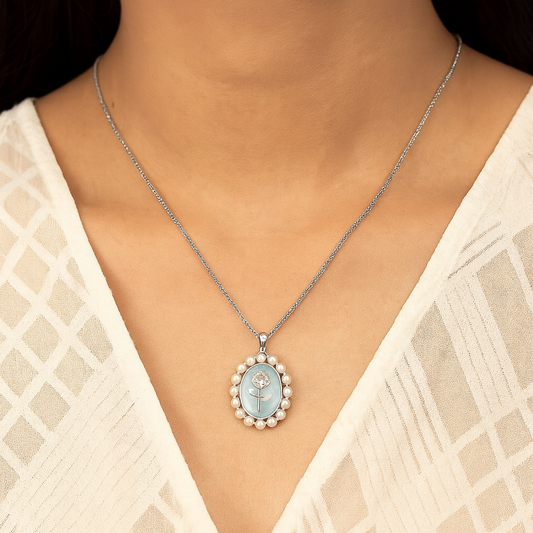 925 Silver Rose Pearl Pendant Necklace for Women – Elegant Vintage Charm Jewelry