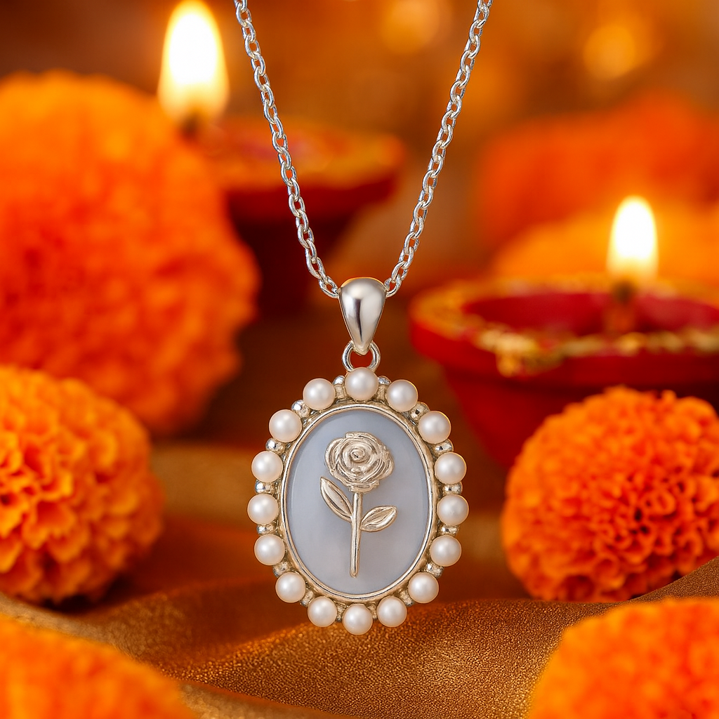 925 Silver Rose Pearl Pendant Necklace for Women – Elegant Vintage Charm Jewelry